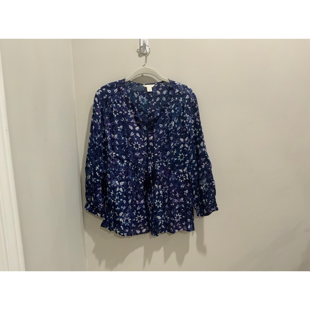 Caslon Blue Floral 100% Modal Blouse‎ Long Sleeve Top Womens Large